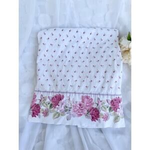 Vintage 90's Laura Ashley QUEEN FLAT Pink floral Rosebud BORDERED HEM Cottage